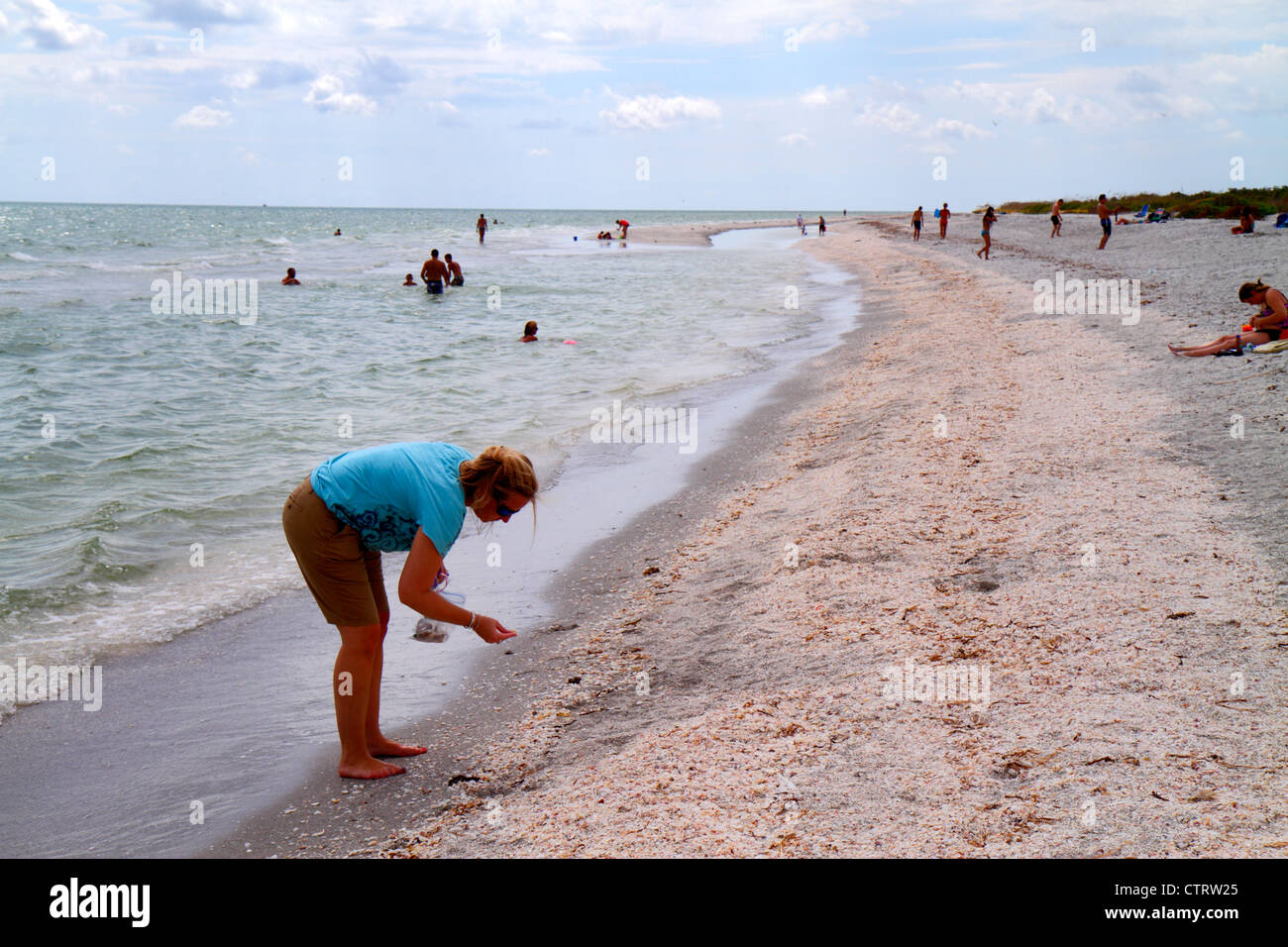 Sanibel Island Florida, Bowman's Beach, Golf von Mexiko Küste, Erwachsene Erwachsene Frau Frauen weibliche Dame, Muscheljagd, Schwimmer, Sandbank, Untiefen, Besucher reisen t Stockfoto