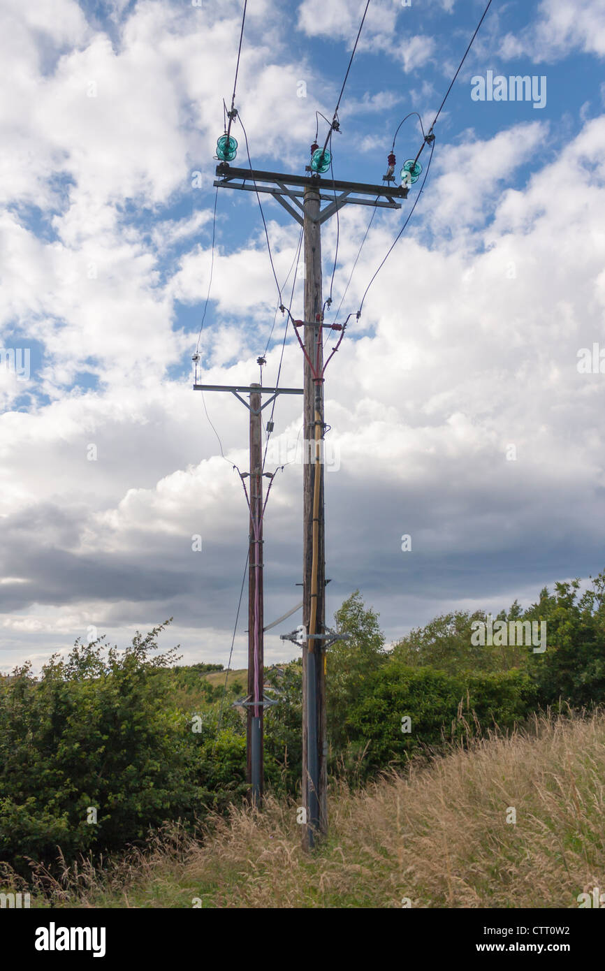 Zwei Telegrafenmasten quer über eine hilside Stockfoto