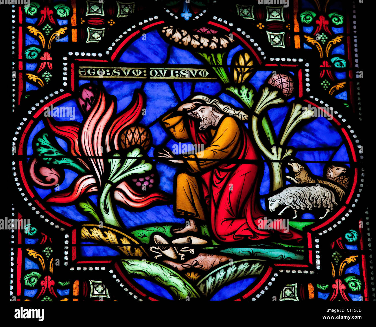 Moses und der brennende Dornbusch auf dem Berg Horeb. In diesem Fenster