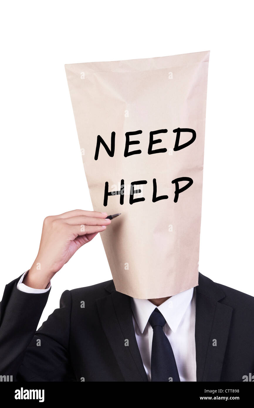 Geschäftsmann Abdeckung Kopf zeigen schreiben brauchen Hilfe auf seinem Gesicht Stockfoto