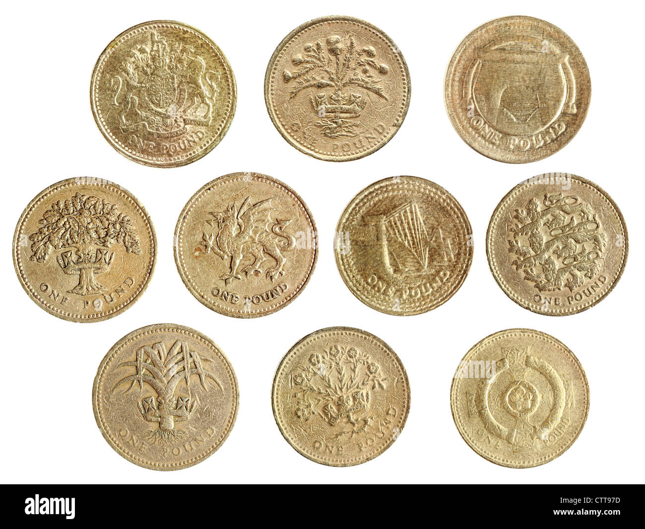 zehn Münzen von einem Pfund Münzsammlung isoliert auf weißem Hintergrund Stockfoto