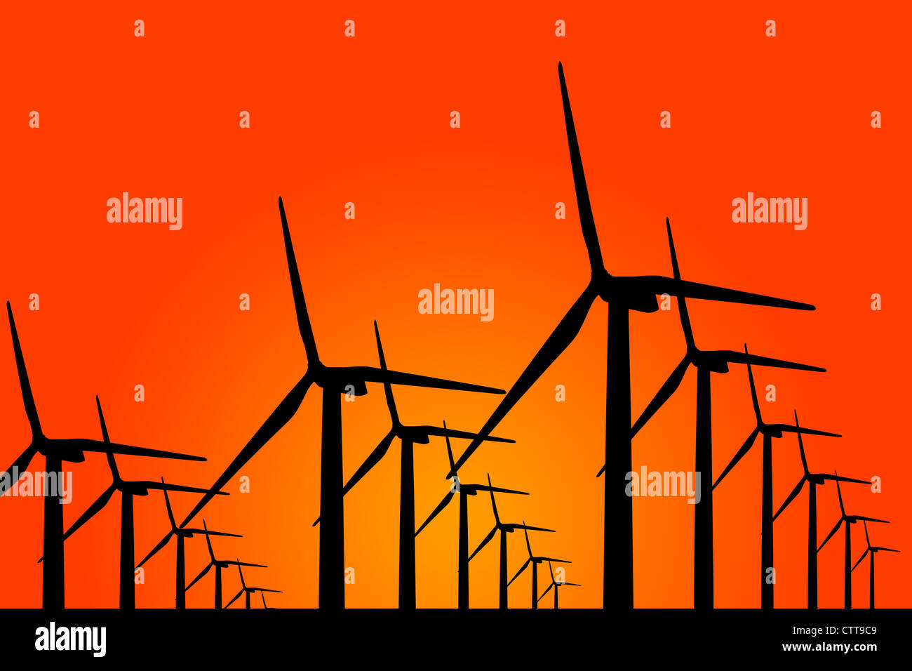 Wind-Turbine-Generator-Gruppe verteilt alle Rahmen in einer Zeile Stockfoto