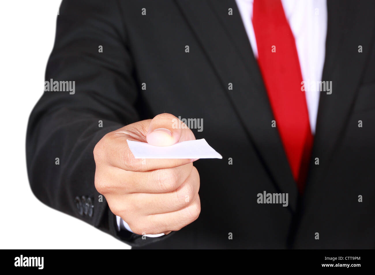 Geschäftsmann, Leere Visitenkarte auf weißem Hintergrund Stockfoto
