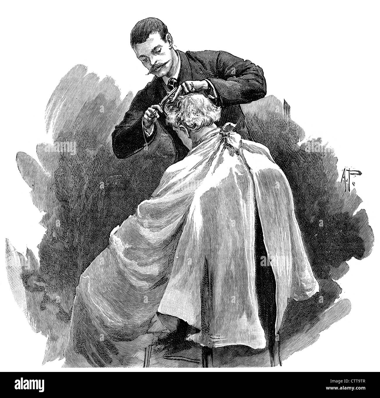 Ein viktorianischer Gentleman mit seiner Haare schneiden, um 1890 Stockfoto