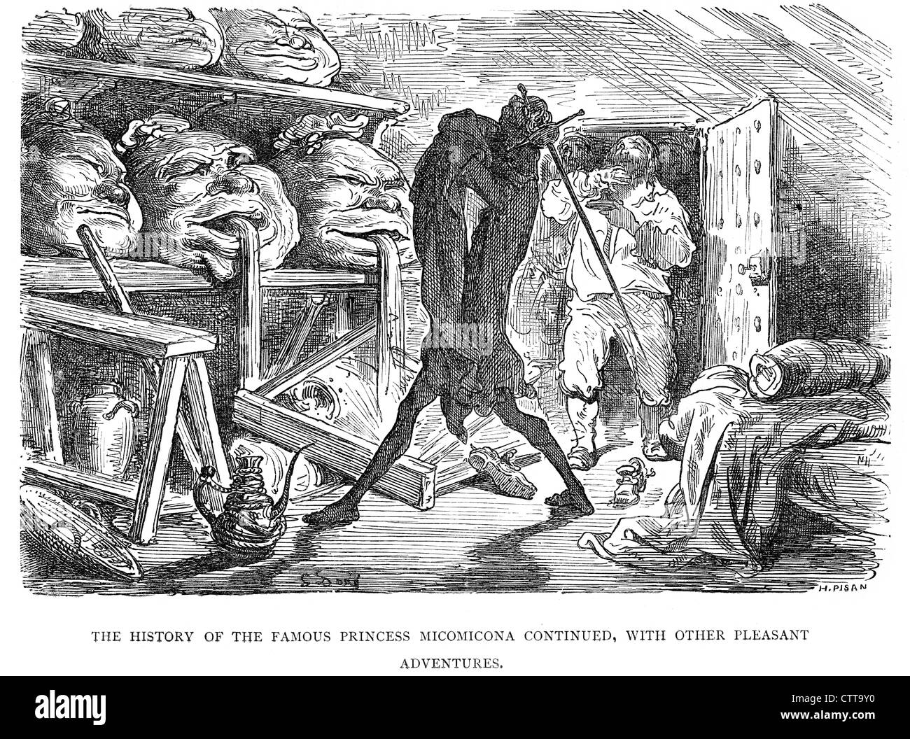 Die Geschichte des berühmten Prinzessin Micomicona. Illustration von Gustave Dore von Don Quijote. Stockfoto