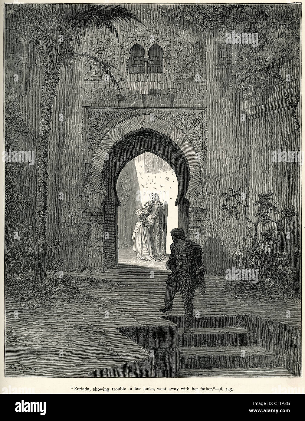 Zoriada, mit Mühe in ihr Aussehen ging mit ihrem Vater. Illustration von Gustave Dore von Don Quijote. Stockfoto