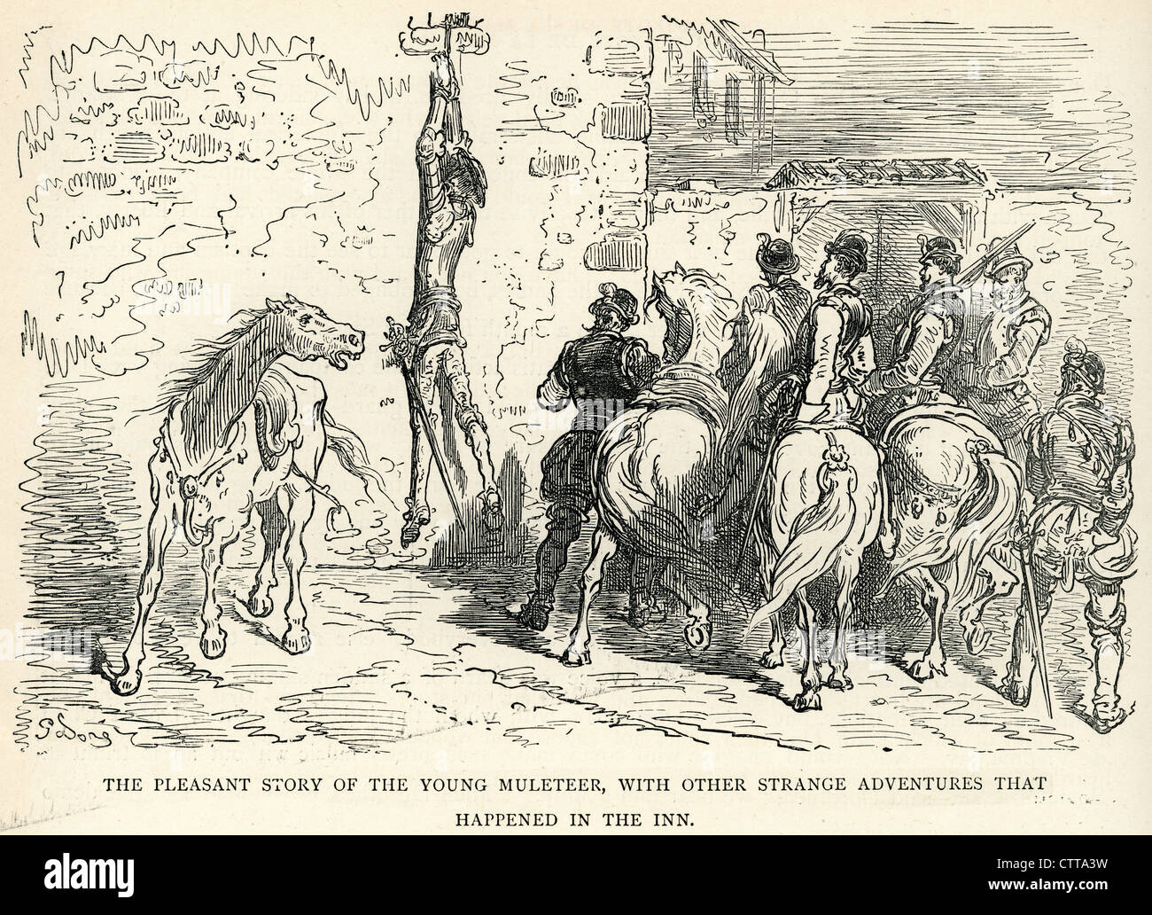 Angenehme Geschichte von der jungen Muleteer mit andere seltsame Abenteuer im Inn. Illustration von Gustave Dore von Don Quijote. Stockfoto