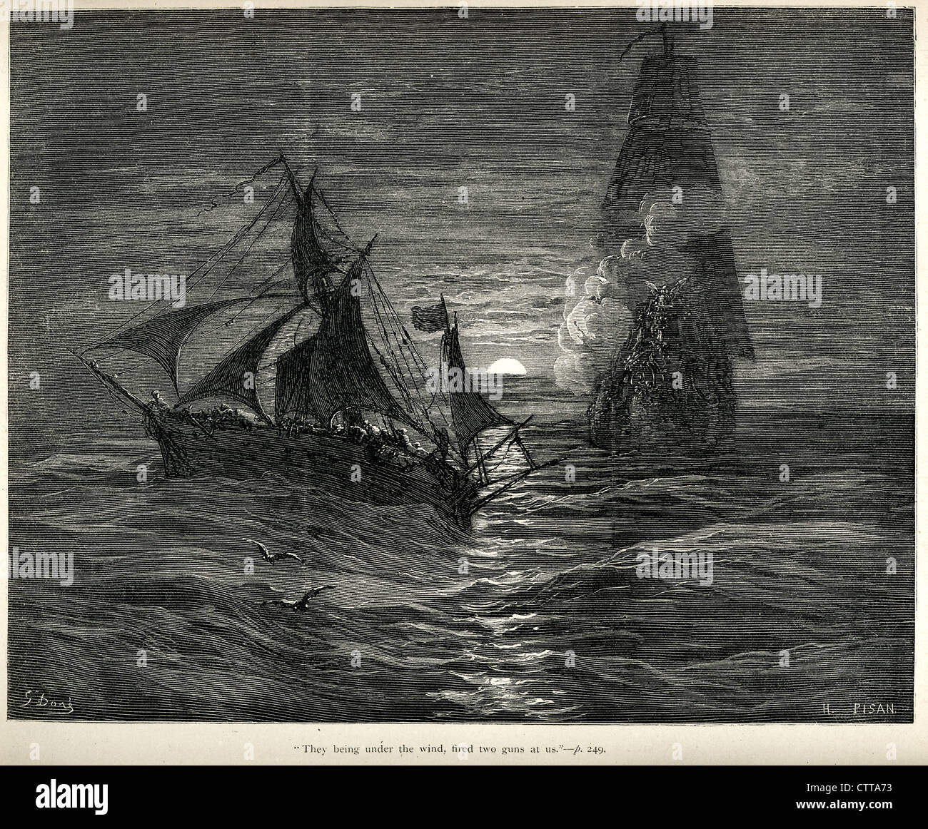 Sie unter den Wind feuerte zwei Pistolen auf uns. Illustration von Gustave Dore von Don Quijote. Stockfoto