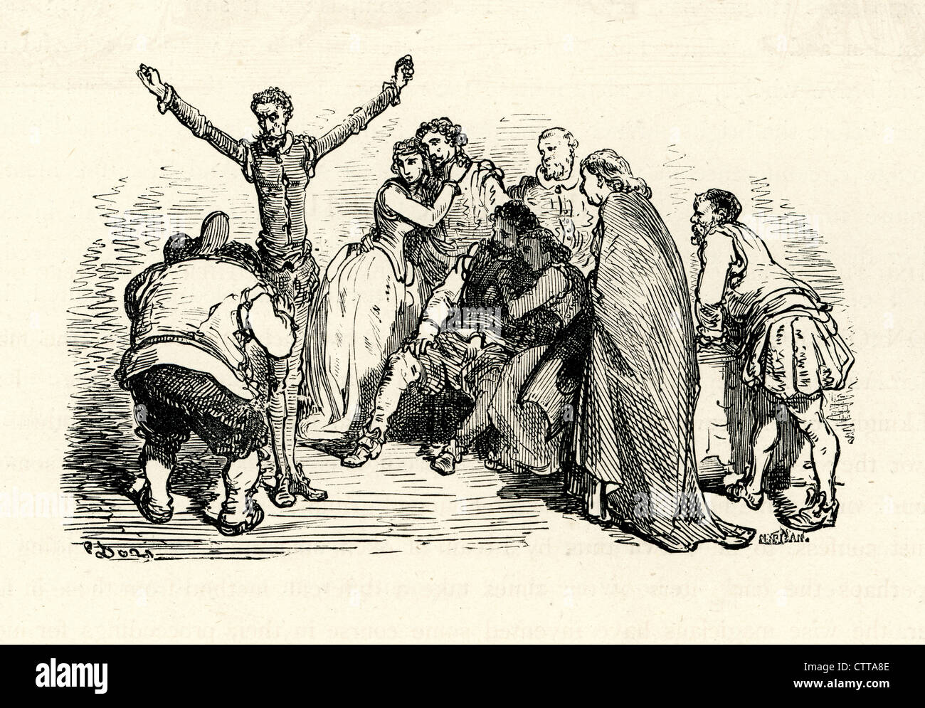 Don Quijote Sancho Panza zu beschimpfen. Illustration von Gustave Dore von Don Quijote. Stockfoto
