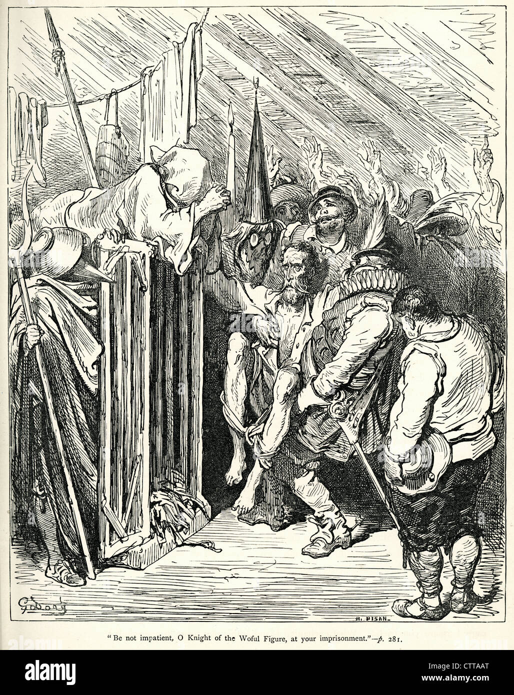 Werde nicht ungeduldig O Ritter des Wehwalt Figur in Ihrer Gefangenschaft. Illustration von Gustave Dore von Don Quijote. Stockfoto