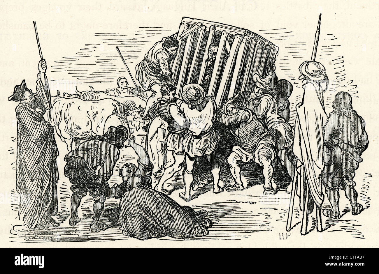 Werde nicht ungeduldig O Ritter des Wehwalt Figur in Ihrer Gefangenschaft. Illustration von Gustave Dore von Don Quijote. Stockfoto