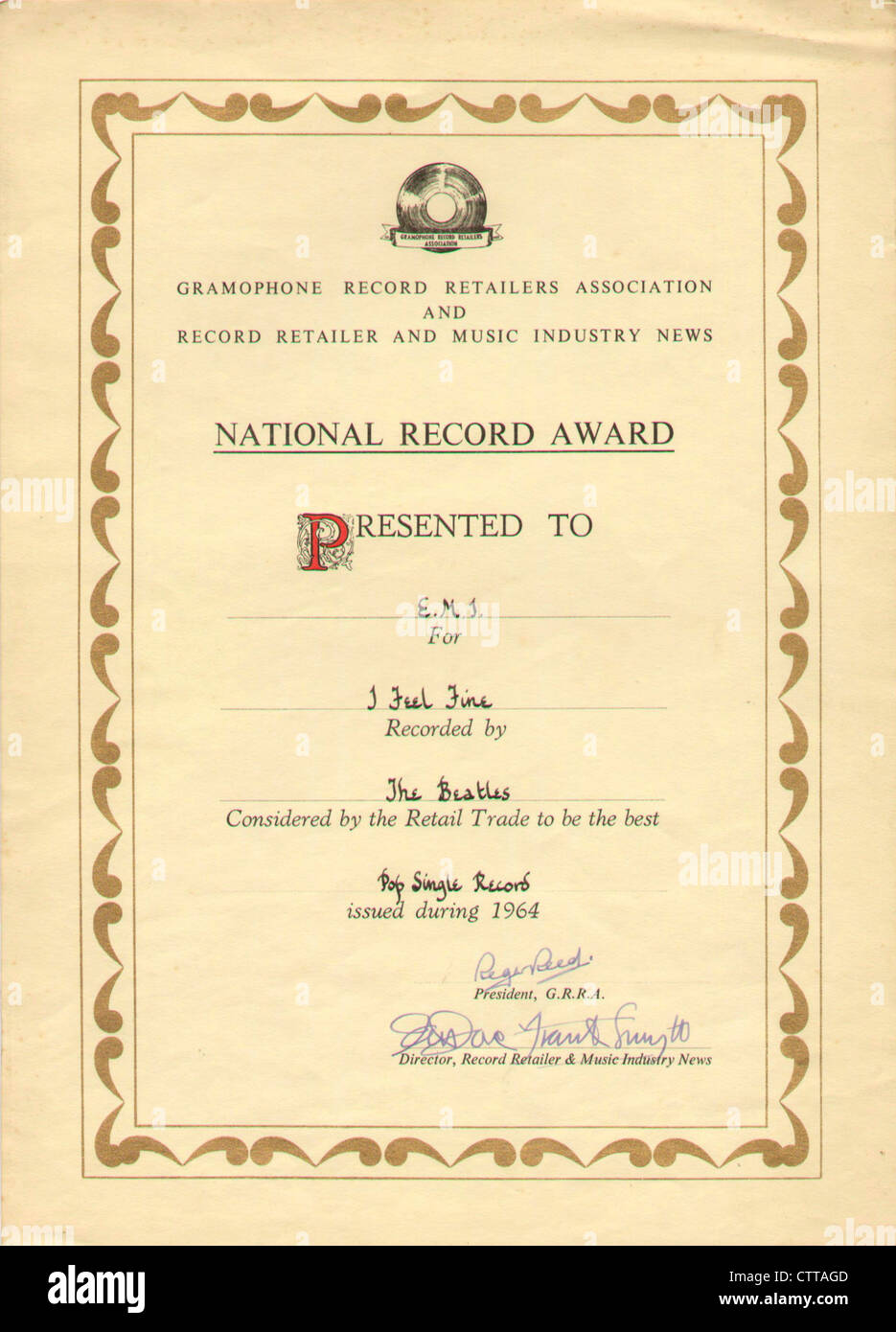 000927 - die Beatles "I Feel Fine" Best Pop Single 1964 nationalen Schallplattenpreis Stockfoto