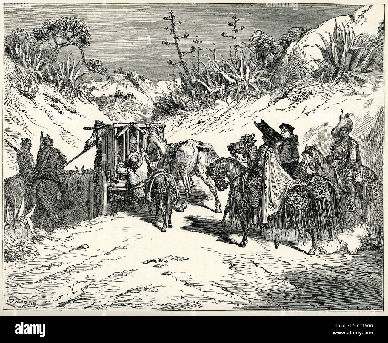 Pfarrer war sehr aufmerksam und glaubte ihm ein Mann ein gutes Urteilsvermögen. Illustration von Gustave Dore von Don Quijote. Stockfoto