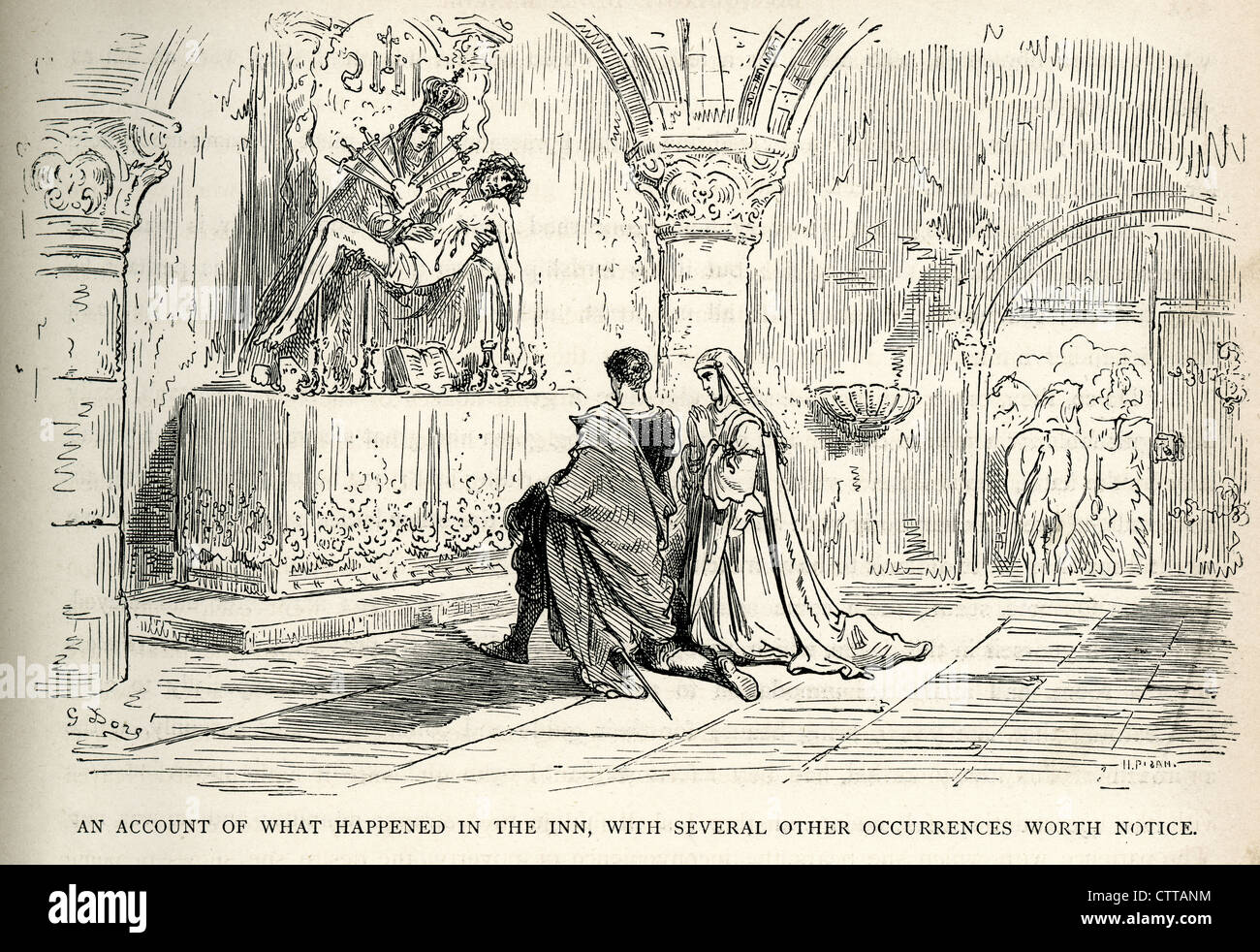 Vor dem Altar beten. Illustration von Gustave Dore von Don Quijote. Stockfoto