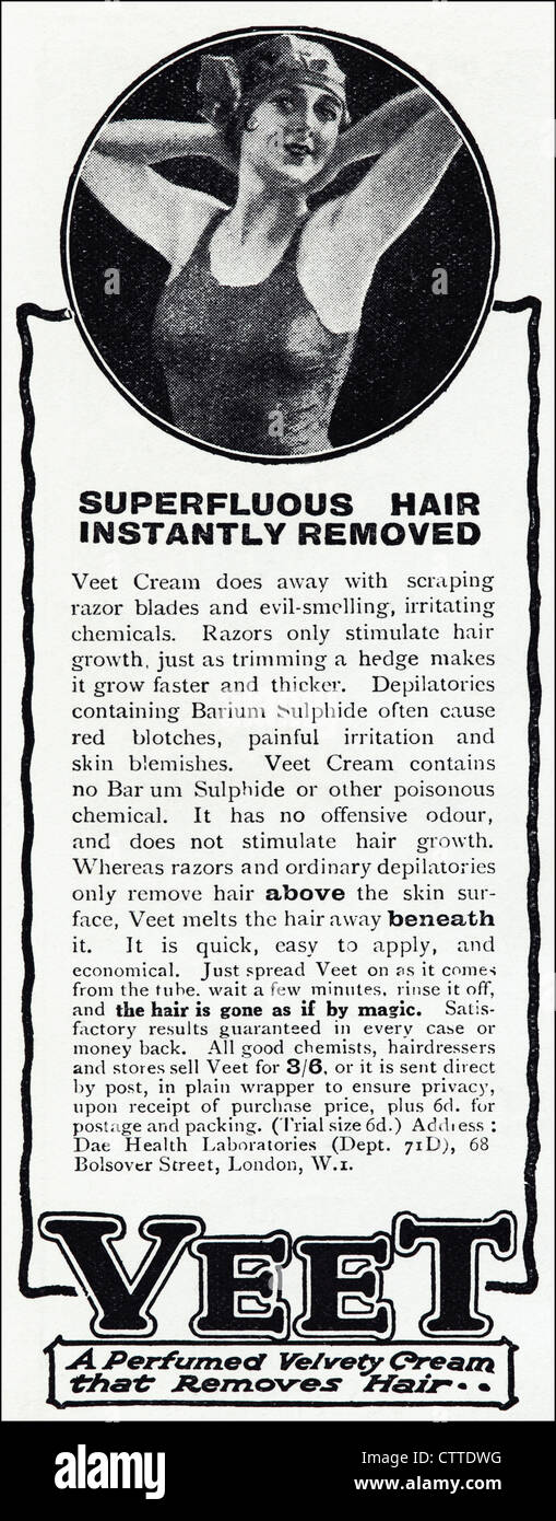 Original 1920er Jahre Vintage Printwerbung in englischen Verbrauchermagazin Werbung VEET Creme HAIR REMOVER Stockfoto