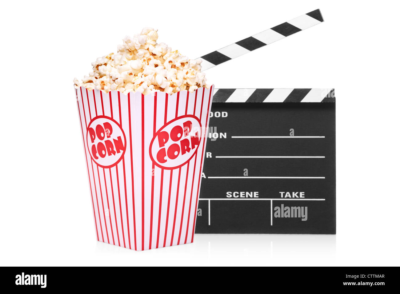 Eine Studioaufnahme einer open-Film-Clap und Popcorn-Box isoliert auf weißem Hintergrund Stockfoto