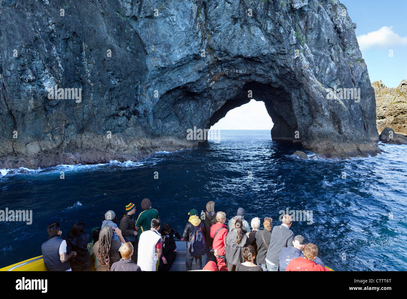 Kreuzfahrten der Bay of Islands, New Zealand - das Loch im Felsen zu fotografieren Stockfoto