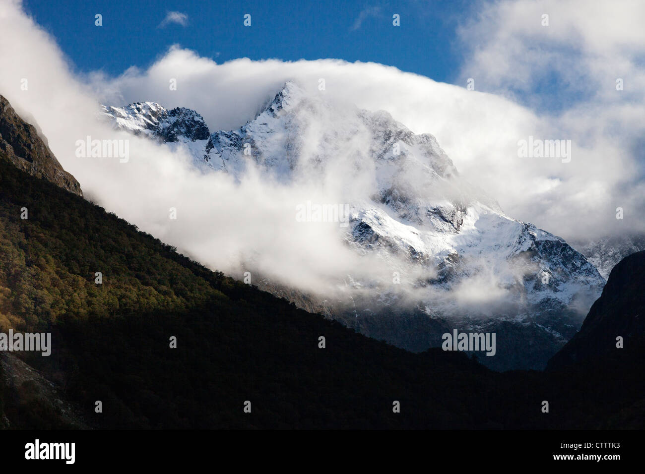 Nebel gehüllten Berg in der Nähe von Milford Sound, Neuseeland 5 Stockfoto