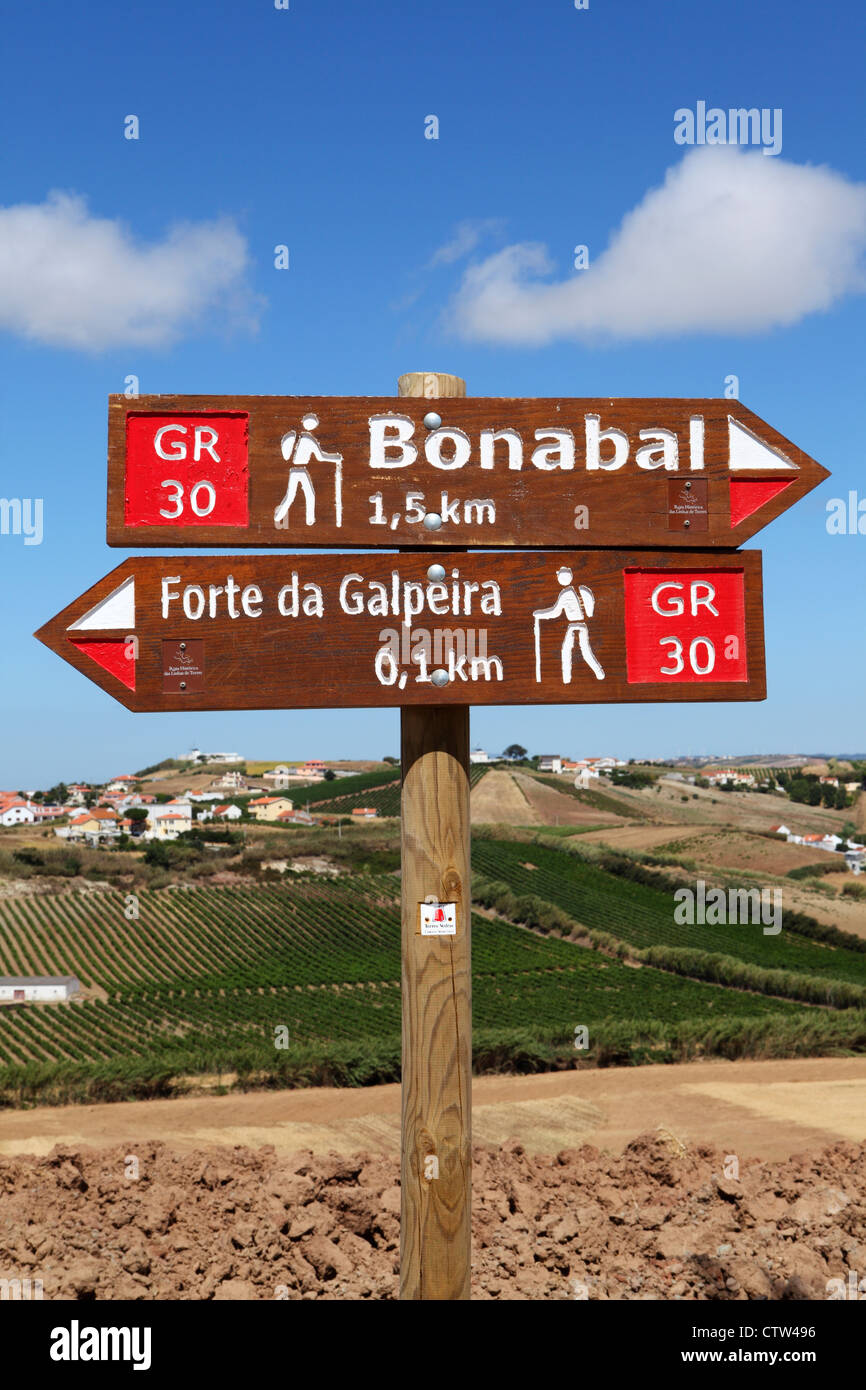 Anzeichen für die Forts von Bonabal und Forte da Galpeira auf dem Fußweg, der Linien von Torres Vedras folgt in der Nähe von Lissabon, Portugal. Stockfoto