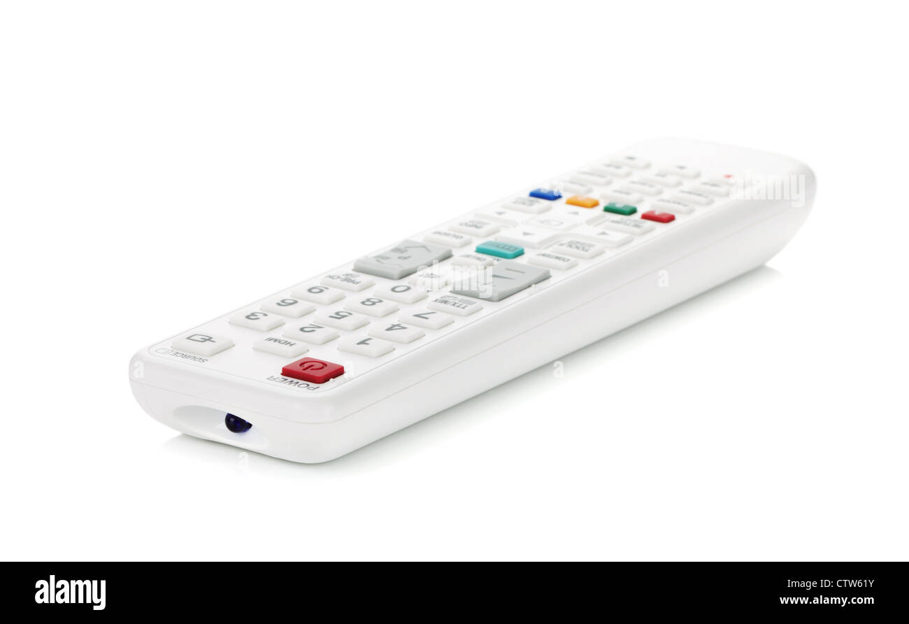 Weiße Fernbedienung. Kleinen DOF, Schwerpunkt ein-/Ausschalter. Isoliert auf weißem Hintergrund Stockfoto