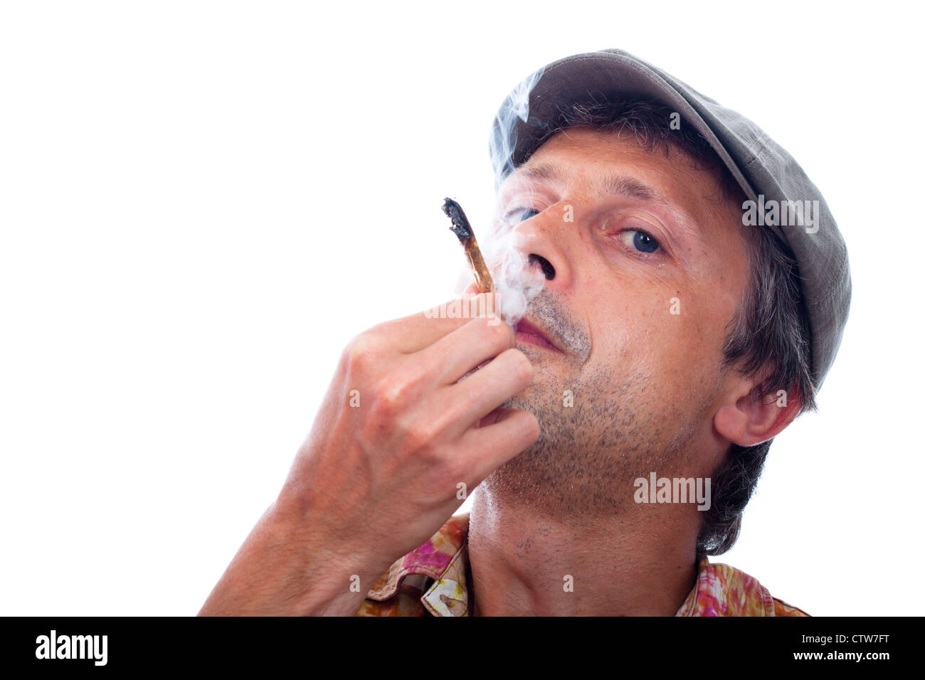 Foto von Haschisch zu Rauchen Mann gemeinsame, isoliert auf weißem Hintergrund. Stockfoto