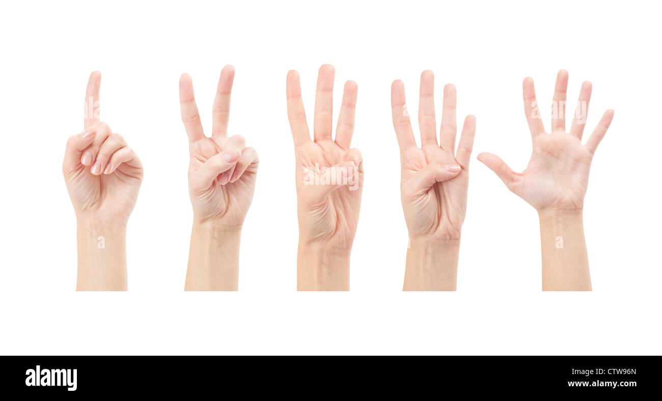 Zählen Frau Hände (1 bis 5) isoliert auf weißem Hintergrund Stockfoto