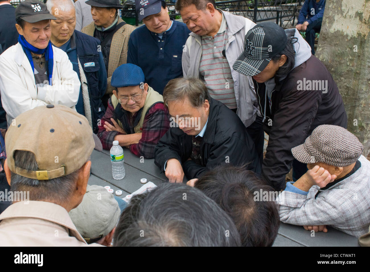 Männer spielen Halma an einem Tisch im Columbus Park, Chinatown, New York City Stockfoto