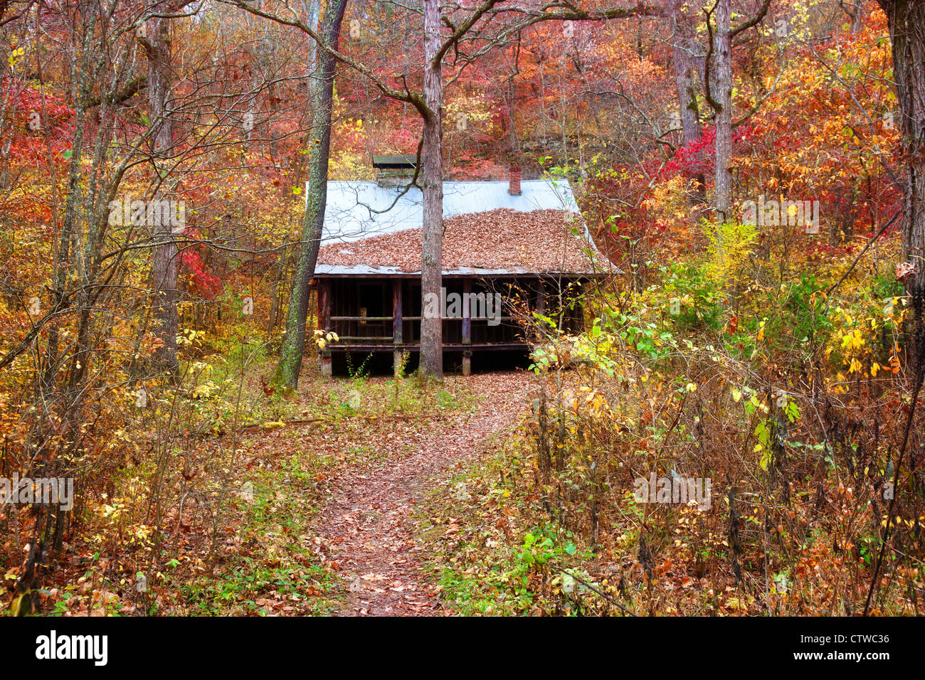 alten Siedler-Blockhütte in Missouri im Herbst Stockfoto