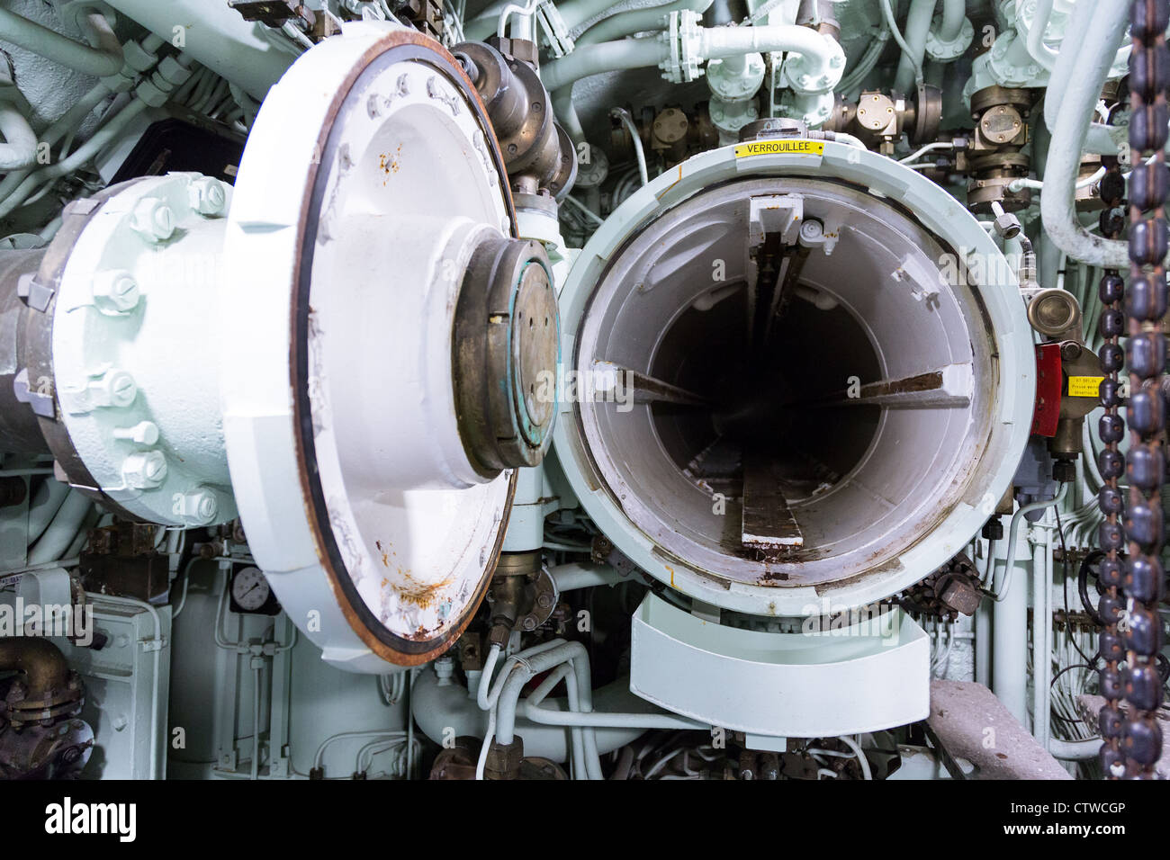 Frankreich, Normandie, Cherbourg, La Cité De La Mer, die Torpedos Startplatz des Atom-u-Boots "Le Redoutable" Stockfoto