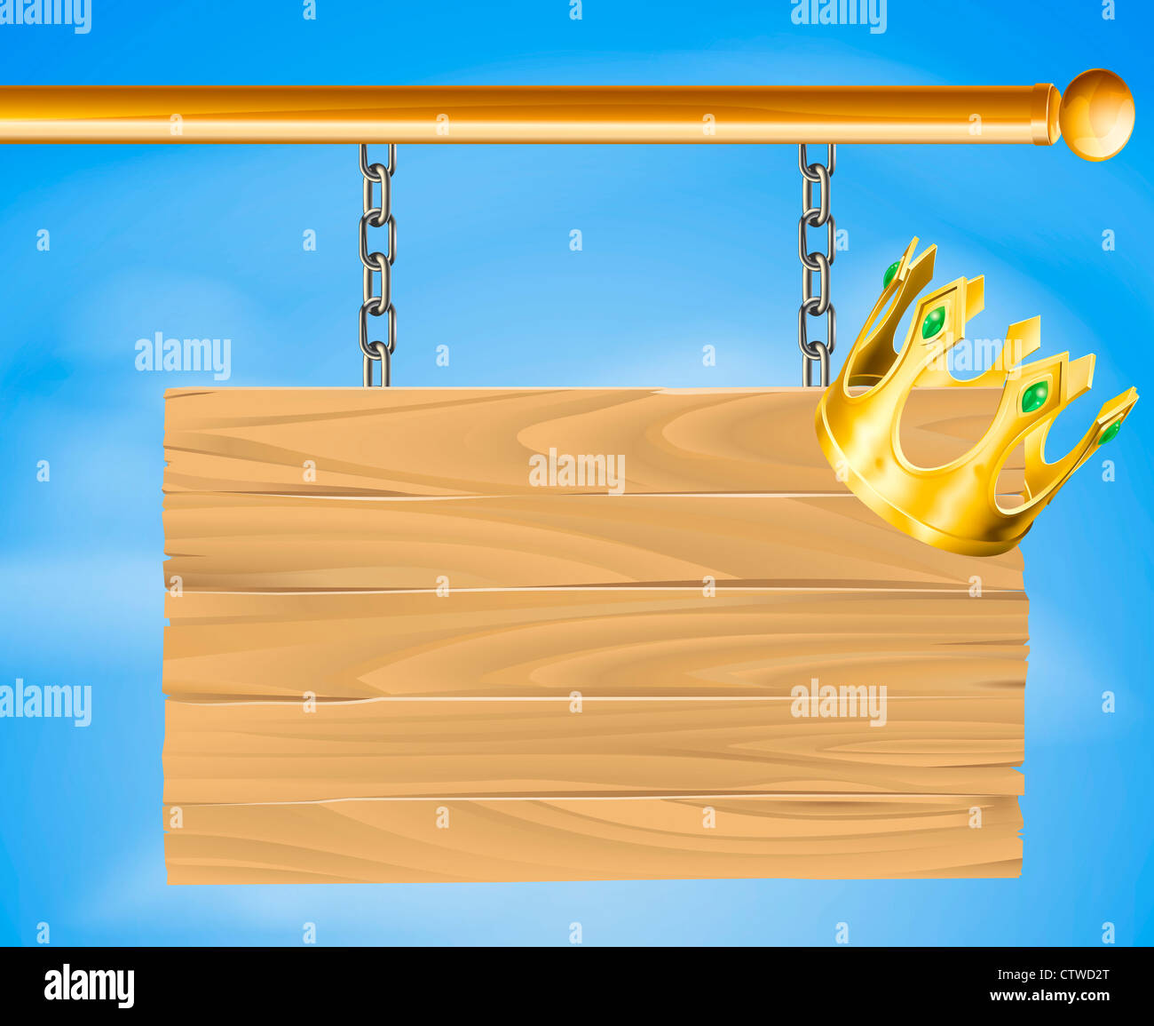 Abbildung eines hölzernen hängenden Zeichens mit einer goldenen Krone drauf Stockfoto