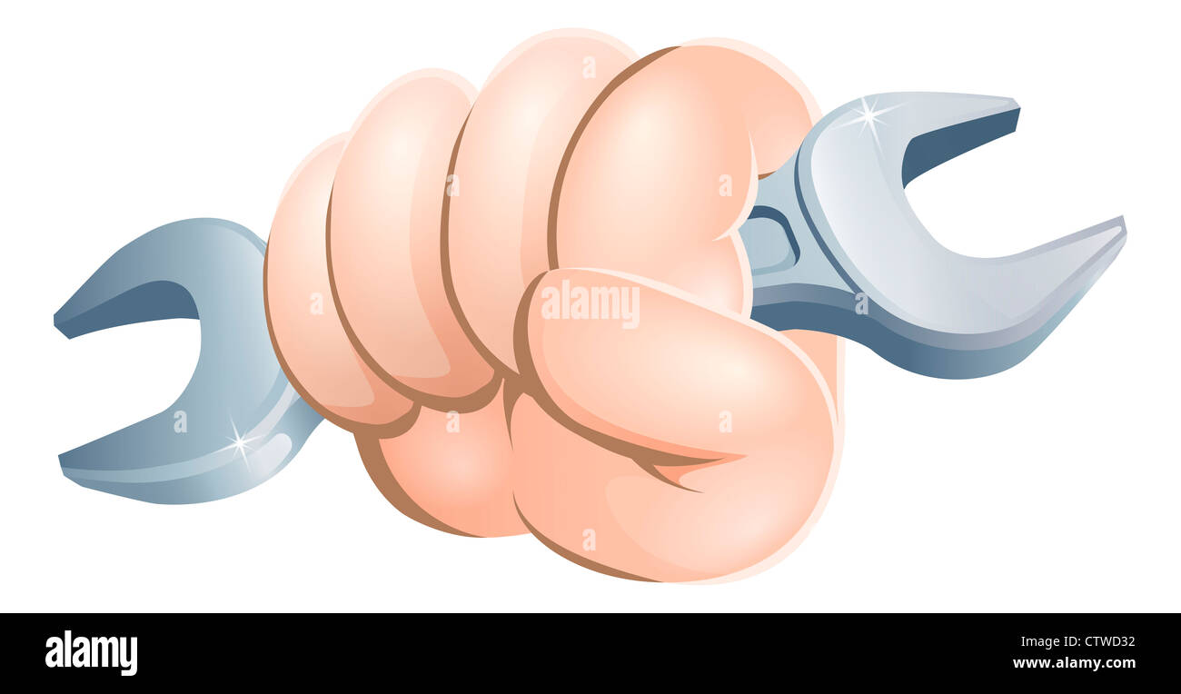 Beispiel für eine Cartoon-Hand eine Gabel Schraubenschlüssel oder Schraubenschlüssel Stockfoto