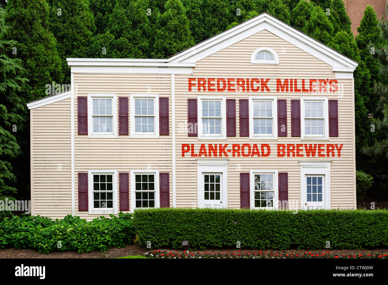 Replik des ursprünglichen Hauses, Plank Road Brauerei in der Miller Coors Brewery, West State Street, Milwaukee, Wisconsin, USA Stockfoto