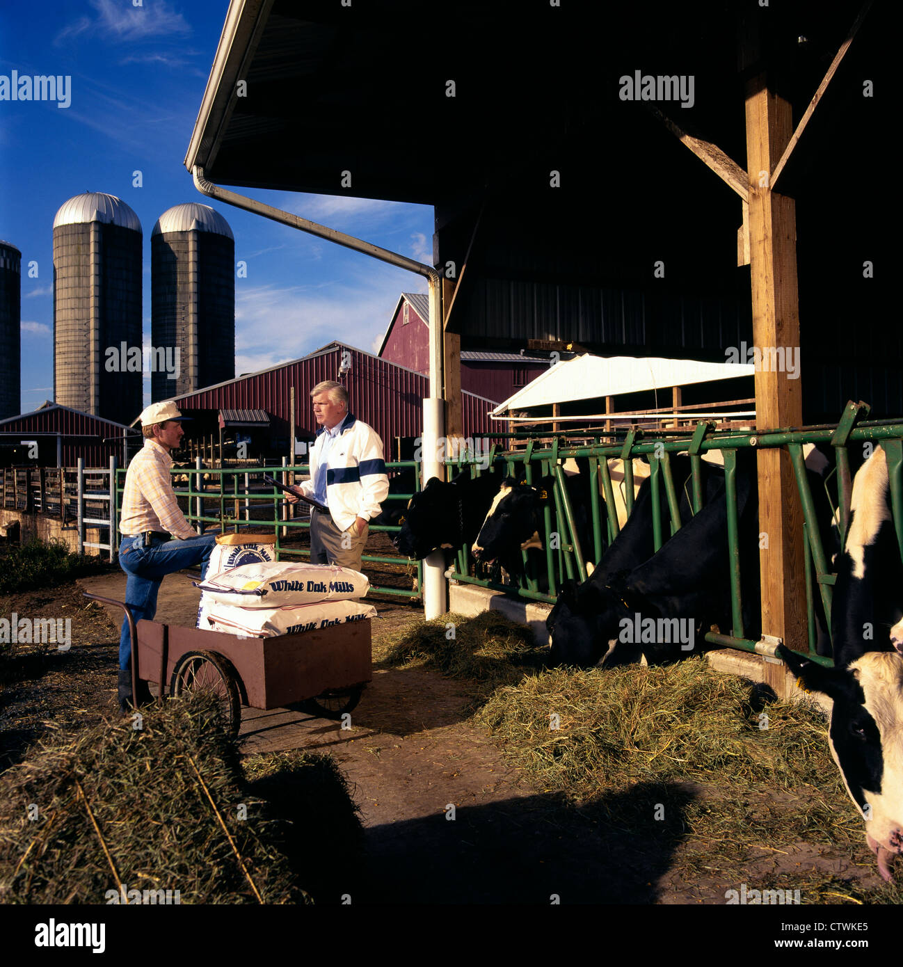 BAUER IM GESPRÄCH MIT LANDWIRTSCHAFTLICHEN VERTRETER Stockfoto