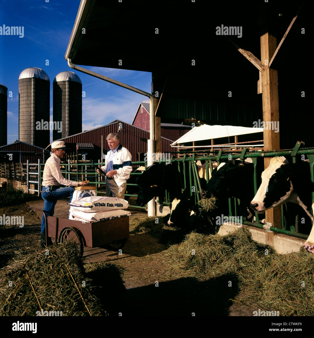 BAUER IM GESPRÄCH MIT LANDWIRTSCHAFTLICHEN VERTRETER Stockfoto