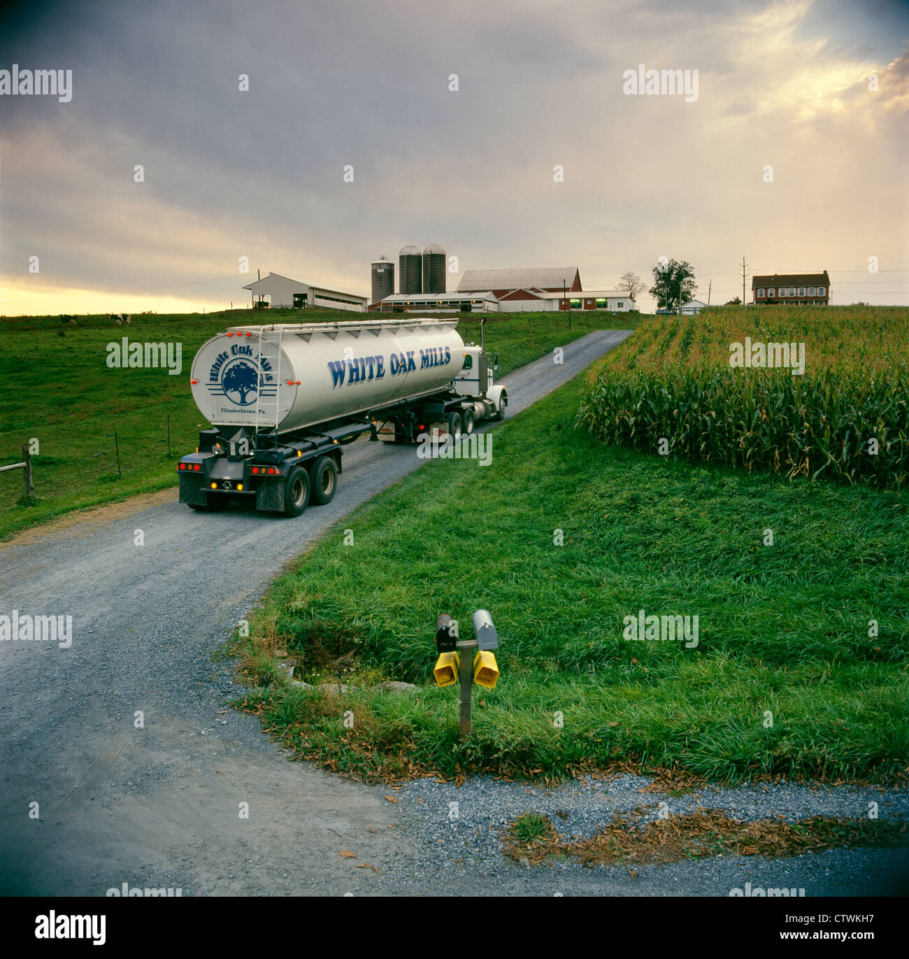 WHITE OAK MÜHLEN FEED LKW LIEFERUNG ZUR FARM, LANCASTER PENNSYLVANIA Stockfoto
