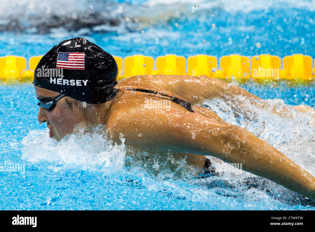 Kathleen Hersey (USA) im Wettbewerb n die Frauen 200m Schmetterling-Finale bei den Olympischen Sommerspielen 2012 in London Stockfoto