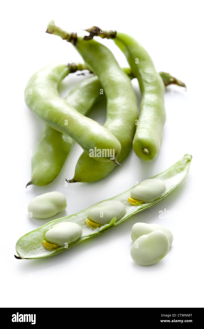 Frische Bohnen oder Fava Bean isoliert auf weißem Hintergrund enthält ganze Schoten offene Hülse und Bohnen geschält Stockfoto