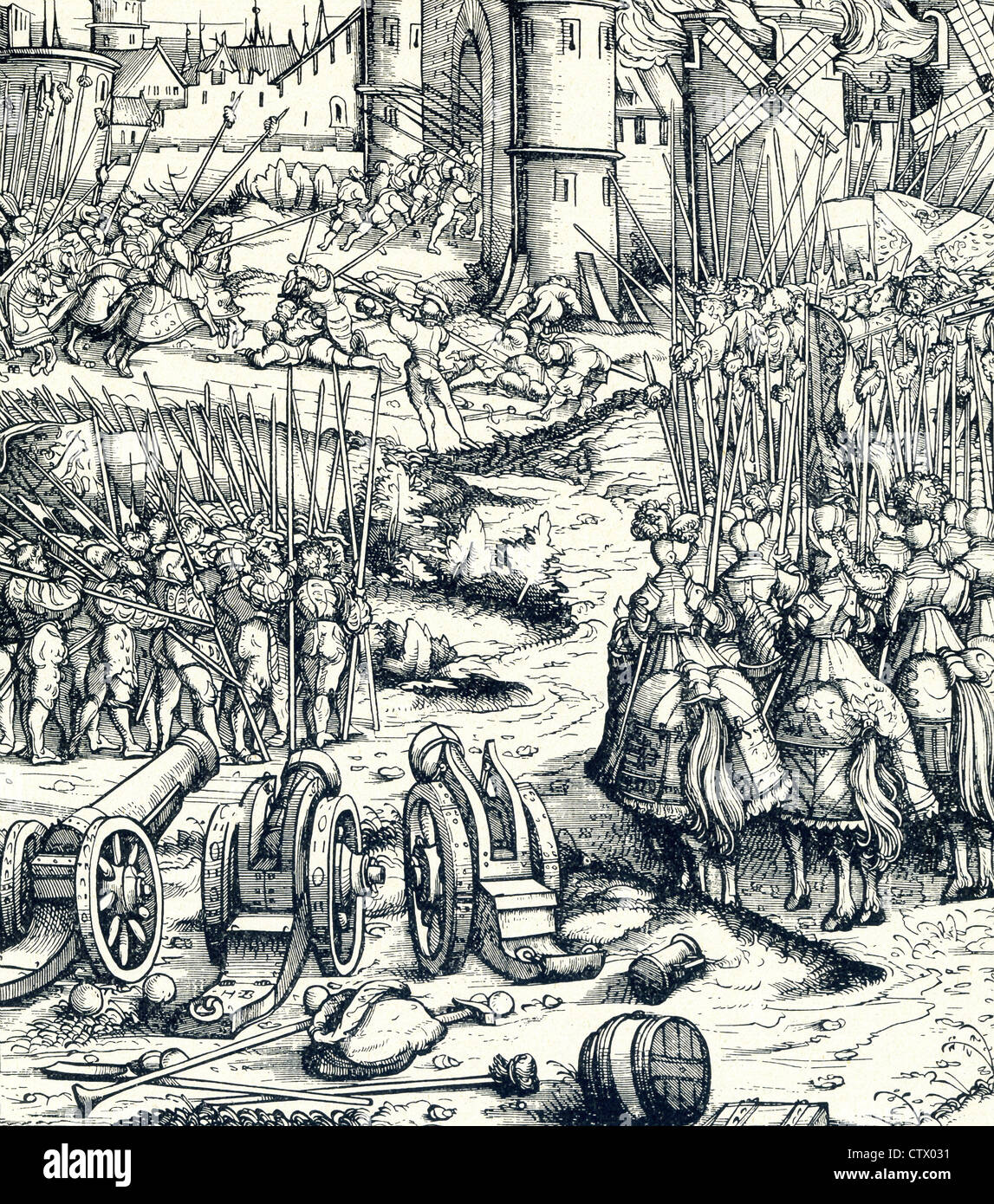 Streitkräfte in den frühen 1500er belagern mit Kanone, Speeren und Kavallerie eine Stadt, nur zurückgewiesen werden. Stockfoto