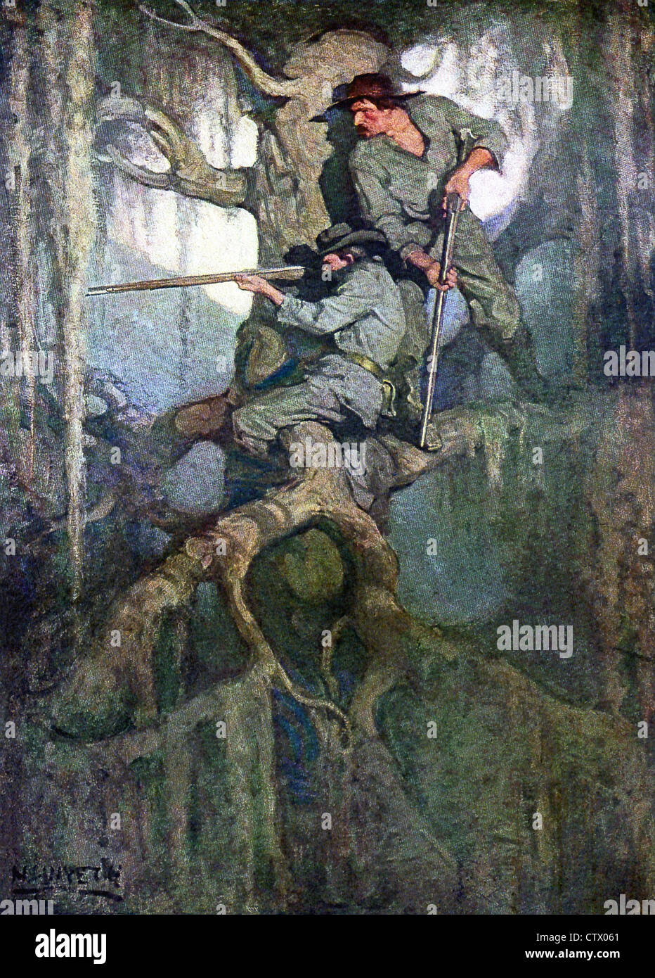 Diese Illustration mit dem Titel Scharfschützen, ist von N.C. Wyeth und erschien nicht mehr brennen, ein Roman von Mary Johnston. Stockfoto