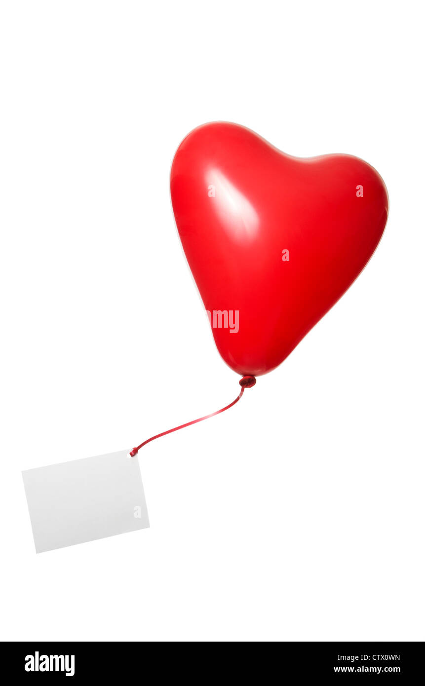 roter Herzballon mit Schleife und Grußkarte Stockfoto