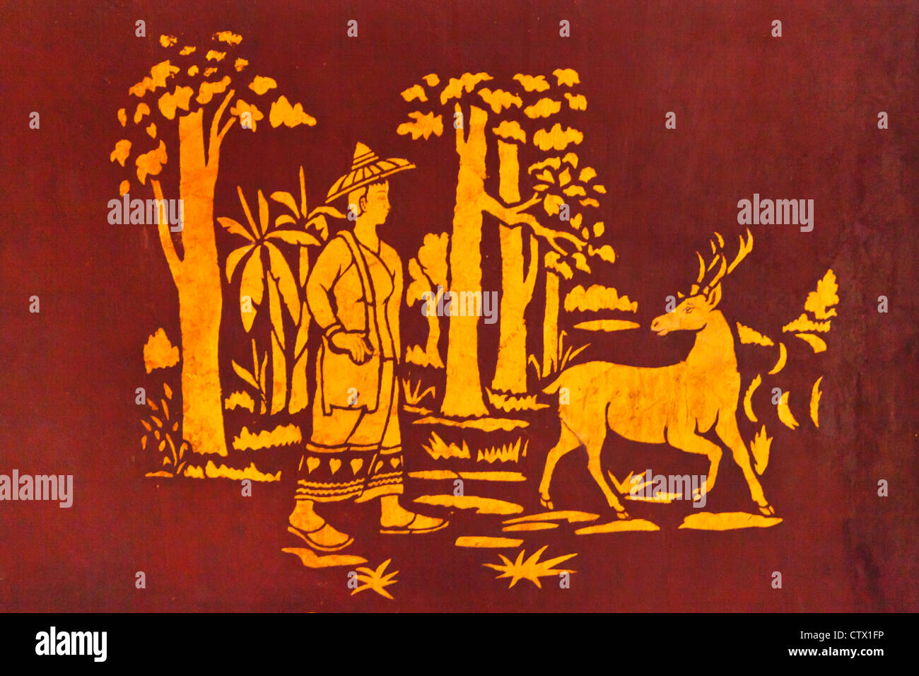 Schablone Gemälde im WAT JONG KHAM stammende mindestens dem 13. Jahrhundert - KENGTUNG auch bekannt als KYAINGTONG, MYANMAR Stockfoto