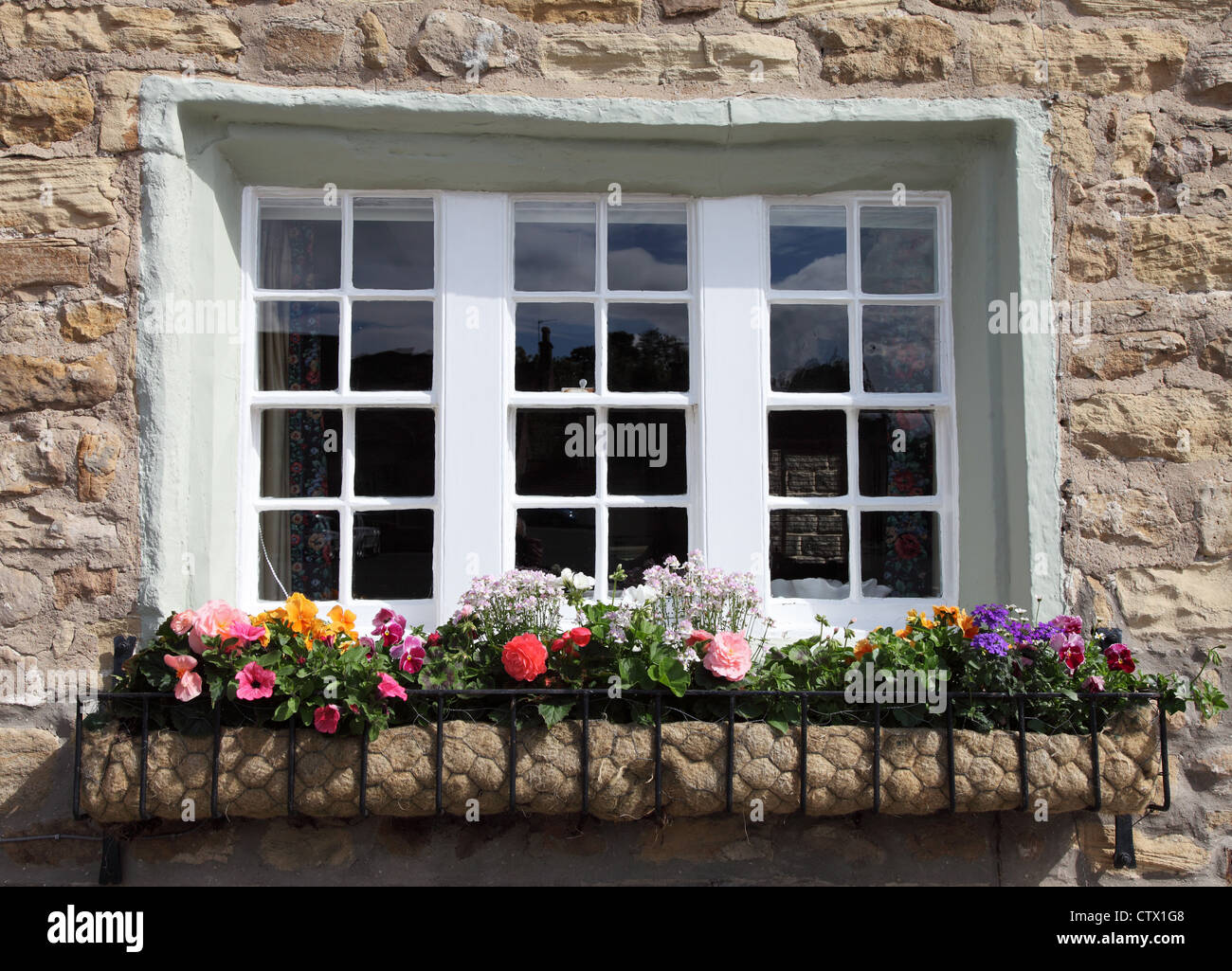 Blumenkasten draußen einen Stein gebautes Haus in Masham, Yorkshire, England, UK Stockfoto