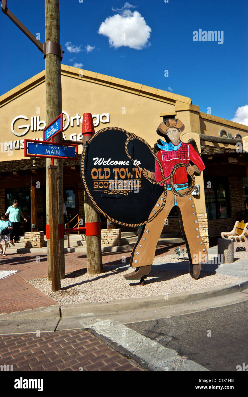 Cowboy Ausschnitt Abbildung Willkommensschild Main Street Old Town Scottsdale Altstadt Stockfoto