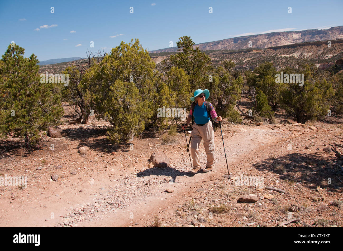 USA-Utah, Frau Wandern in Escalante Petrified Forest State Park. Stockfoto