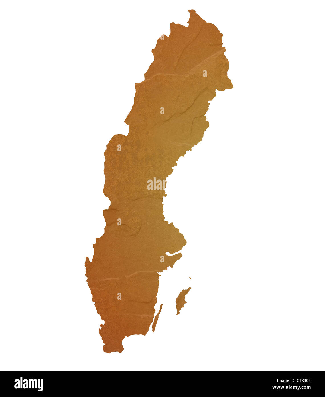 Strukturierte Karte von Schweden-Karte mit braunen Felsen oder Stein Textur, isoliert auf weißem Hintergrund mit Beschneidungspfad. Stockfoto