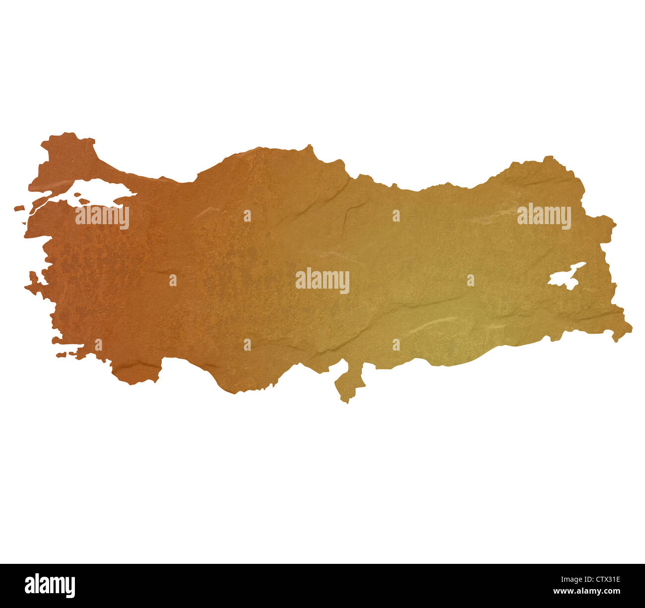 Strukturierte Karte von Türkei Karte mit braunen Felsen oder Stein Textur, isoliert auf weißem Hintergrund mit Beschneidungspfad. Stockfoto