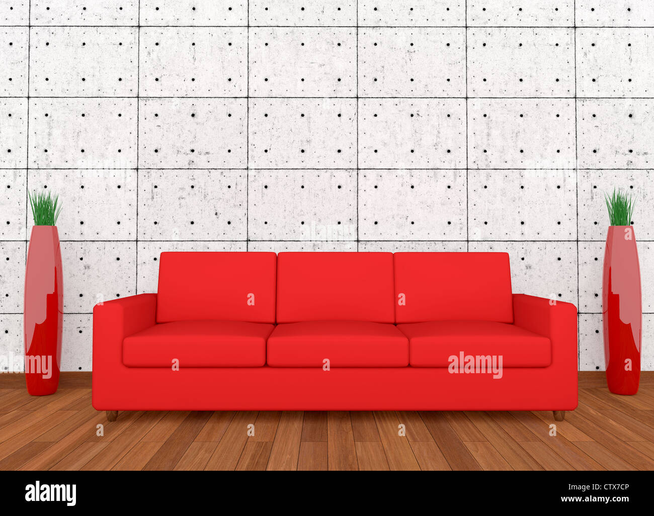 Rotes Sofa und Vase mit einem Steinboden Wand- und Parkett Stockfoto