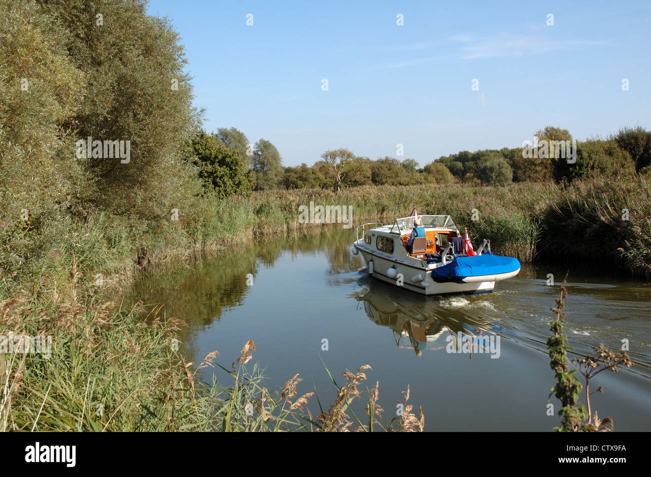 Motoryacht auf dem Fluß Chet nahe Loddon, Norfolk Broads National Park Stockfoto