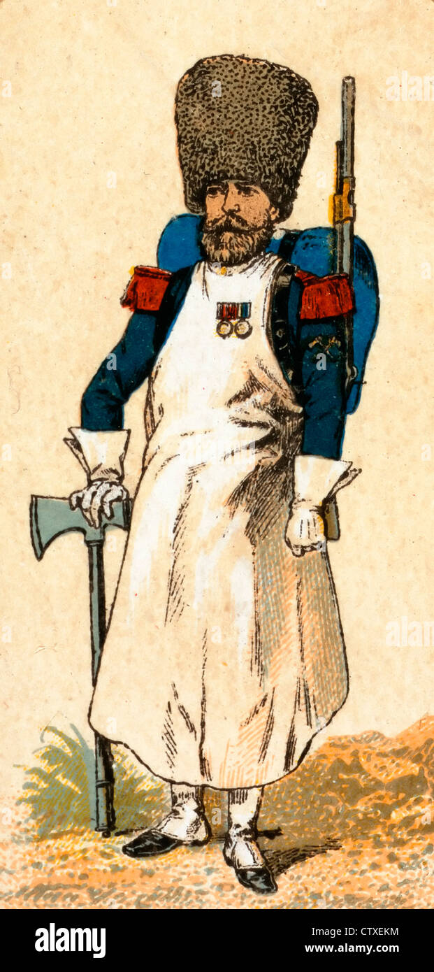 Sapper, Frankreich, 1853 - ein französischer Soldat von einem corp der Ingenieure im Jahr 1853 in Uniform, auf Zigarette Karte ausgestellt von Kinney Tobacco Company als Beilage mit den süßen Caporal Marke Zigaretten. Stockfoto