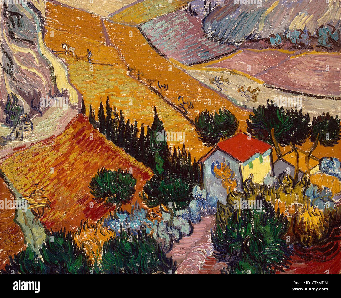 Vincent Van Gogh Landschaft mit Haus und Pflüger 1889 Staatliche Eremitage - St Pétersburg Stockfoto